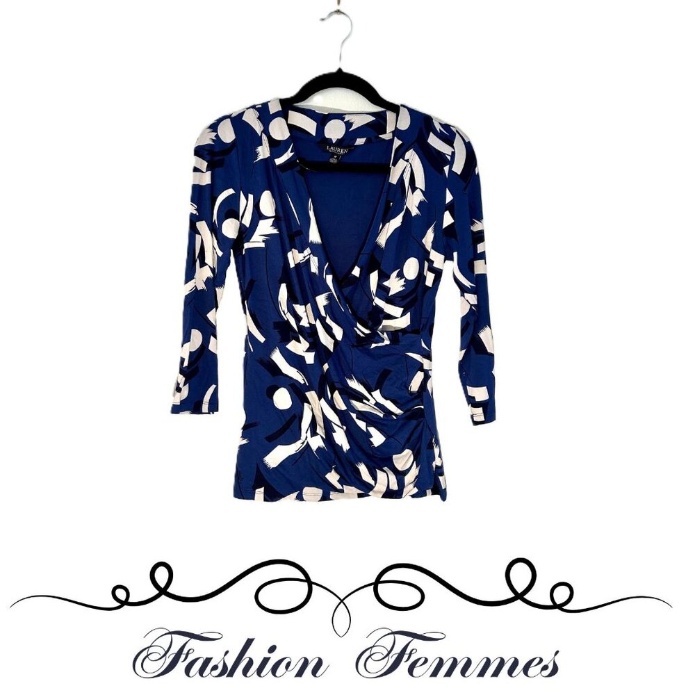 Lauren Navy Printed Wrap Top